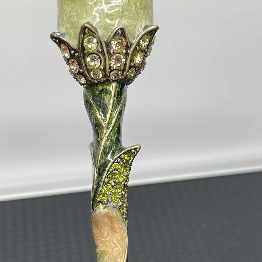 Vintage Enamel Solid Metal Candle Holder Candlestick Art Nouveau‎ Floral Jeweled